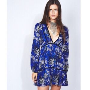 Jaase Lotus Moonlight Blue Jessie Floral Long Sleeve Mini Dress Size Medium